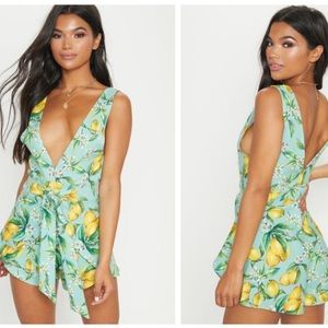Pretty Little Thing Mint Lemon Print Wrap Playsuit